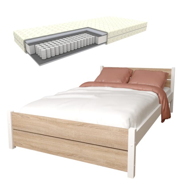 LAURA DS +kieszonka+pościel Zestaw łóżko LAURA Dąb sonoma + materac 4